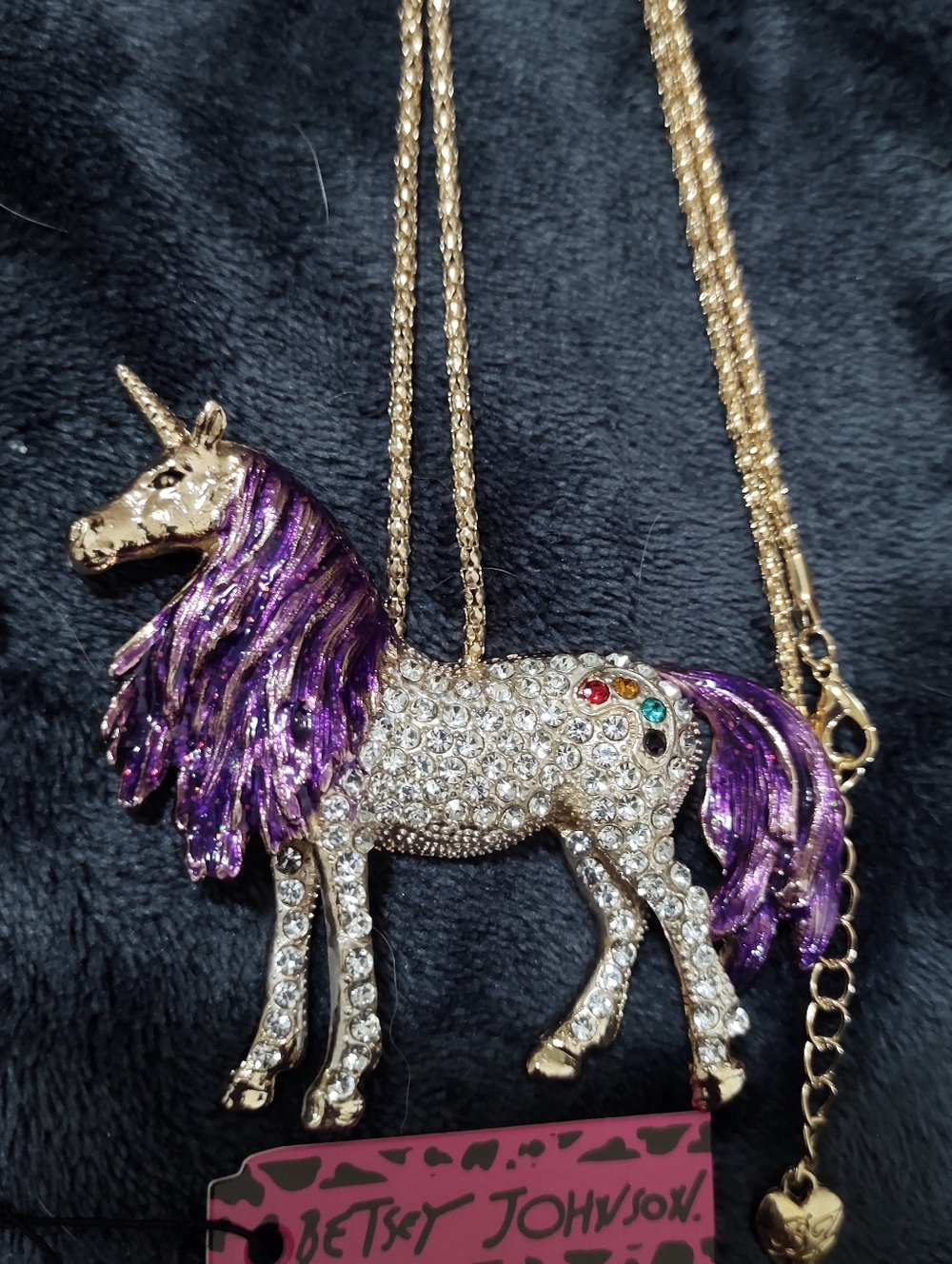 Betsey Johnson Gold & Purple Crystal Unicorn Pendant Necklace